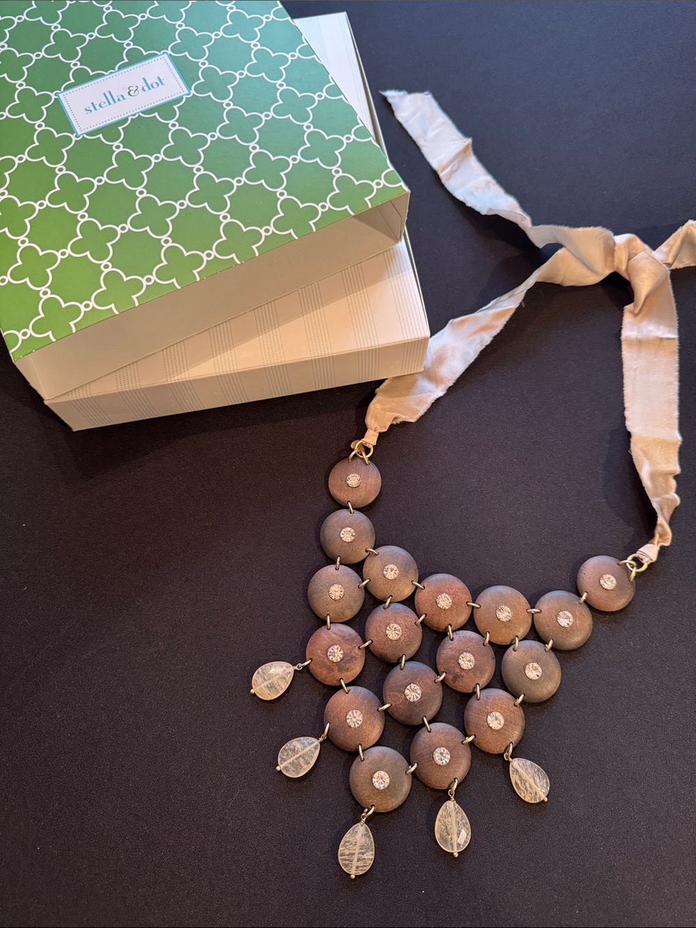 Stella & Dot Neutral Taupe Wooden Disc Bib Necklace with Crystal Accents